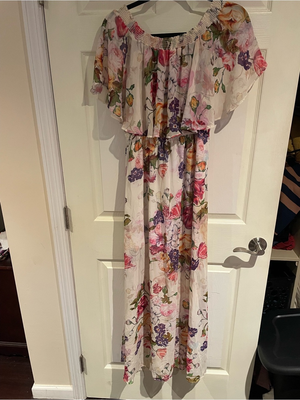 Floral Off-Shoulder Maxi Dress - White with Pink & Purple Flowers